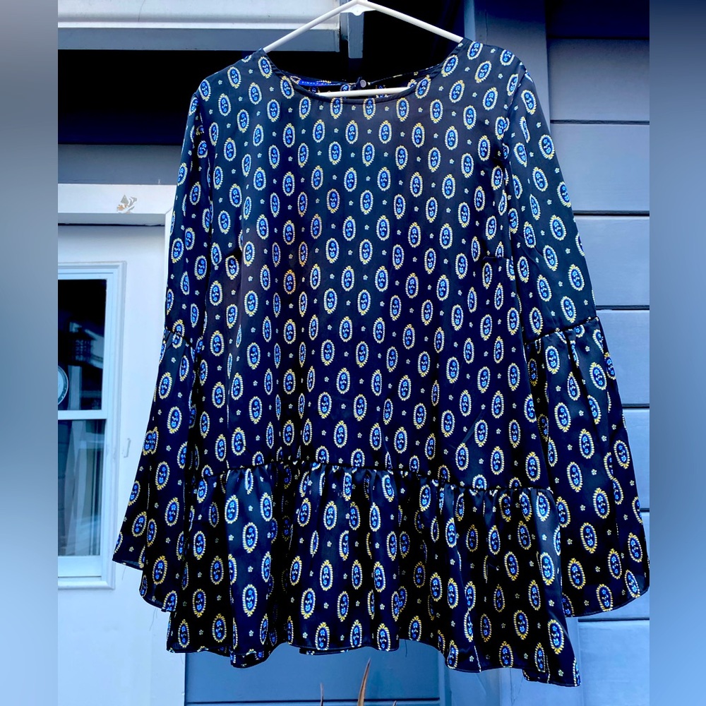 Super cute Black Satin peplum with fun paisley!